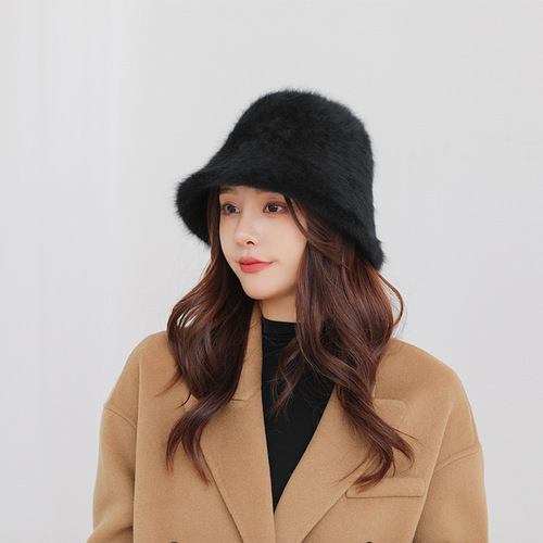 Korean Internet celebrity rabbit fur winter fashion bucket warm hat to keep warm and show face small autumn and winter women's hat high-looking fisherman hat