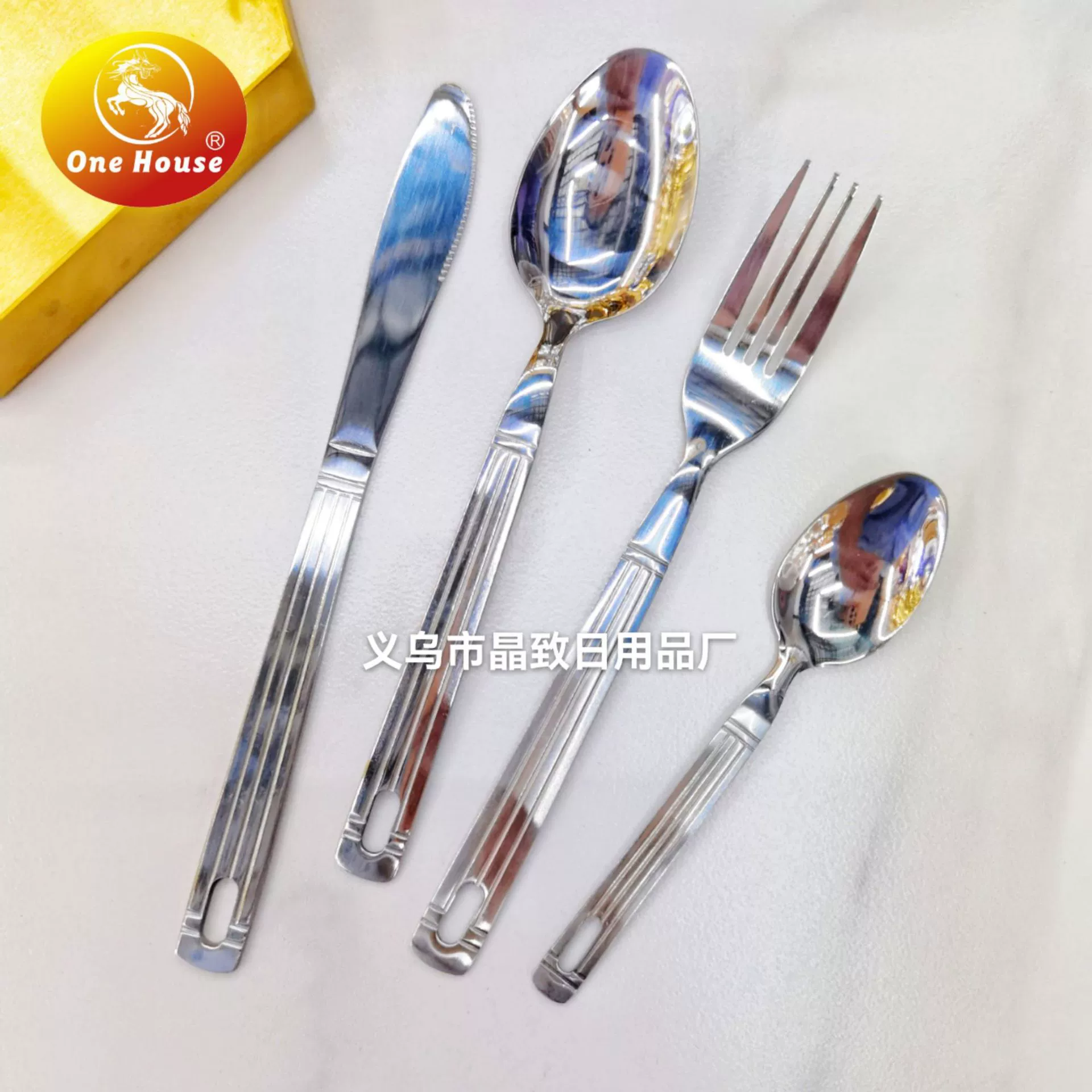 [A tableware hot -selling stainless steel knife fork spoon spoon spoon of western tableware creative three -line square handle gold plating exquisite tableware]