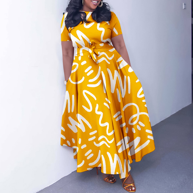 Q125 summer new fashion cross-border Amazon temperament women's lace-up printing foreign trade plus size European and American dress