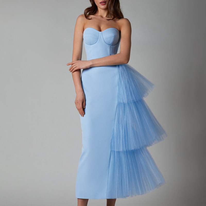 New Summer Amazon European and American Clothing Evening Dress Long Skirt High Elastic Pleated Mesh Slim Slit Dress