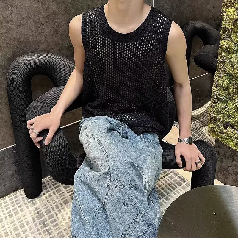 Mesh Hollow-Out Sexy Vest for Men, New Summer Style, Thin and Fashionable Retro Knit Outerwear