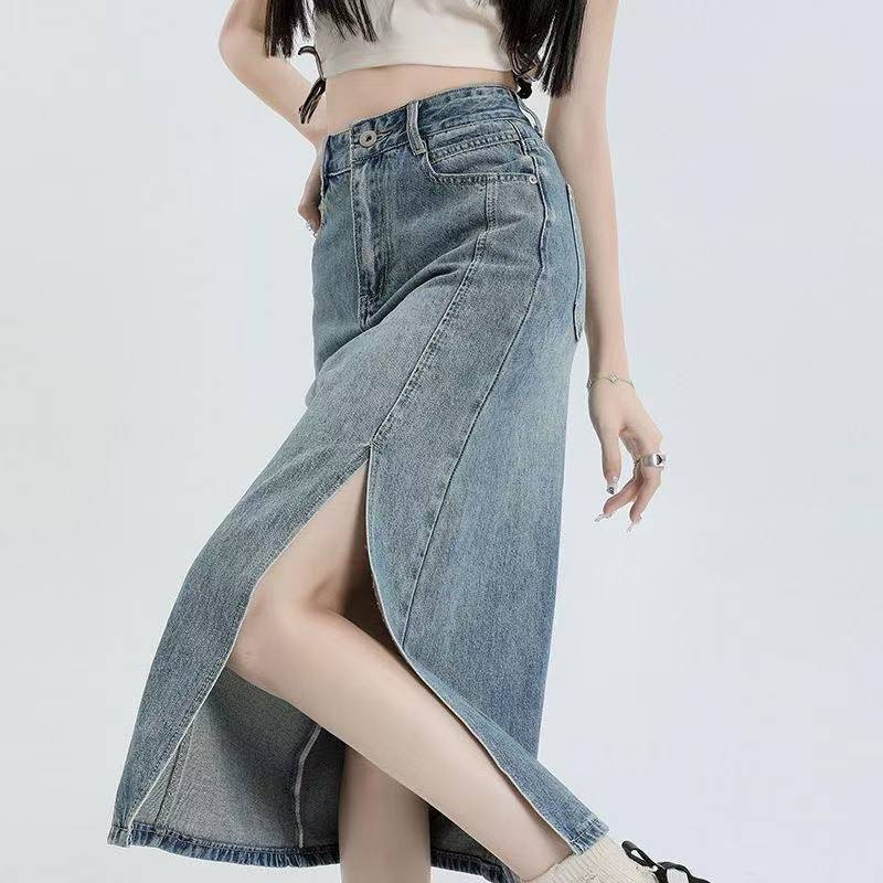 Korean Style Simple Denim Skirt for Women Spring and Summer New High-Waisted A-Line Mid-Length Side Slit Hip-Covering Denim Skirt