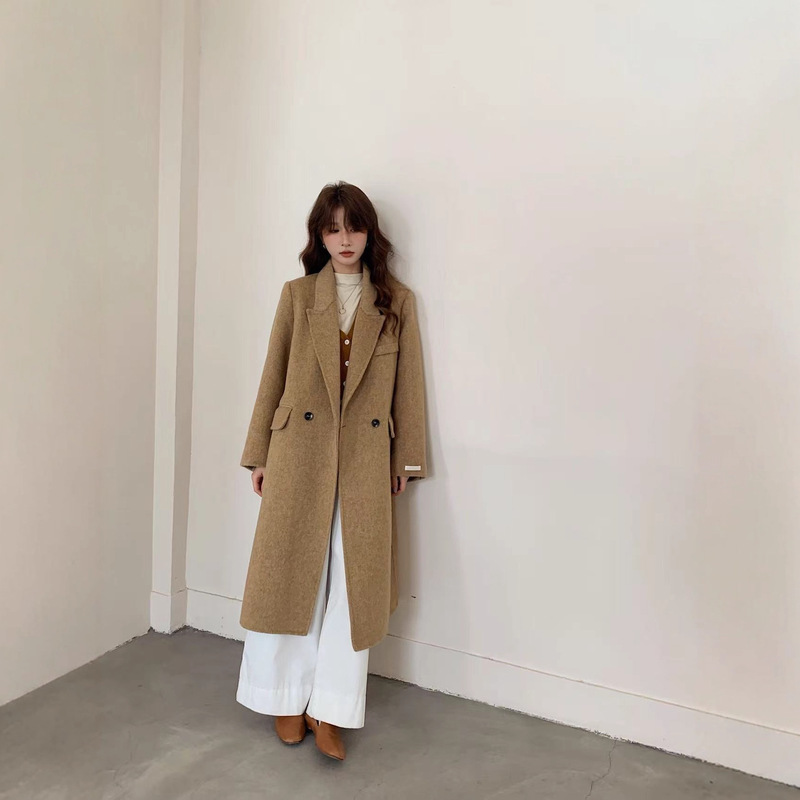 Korean Style Straight-Leg Extended Length Regular Shoulder Thickened Slim-Fit Commuter High-End Double-Sided Wool Coat for Women