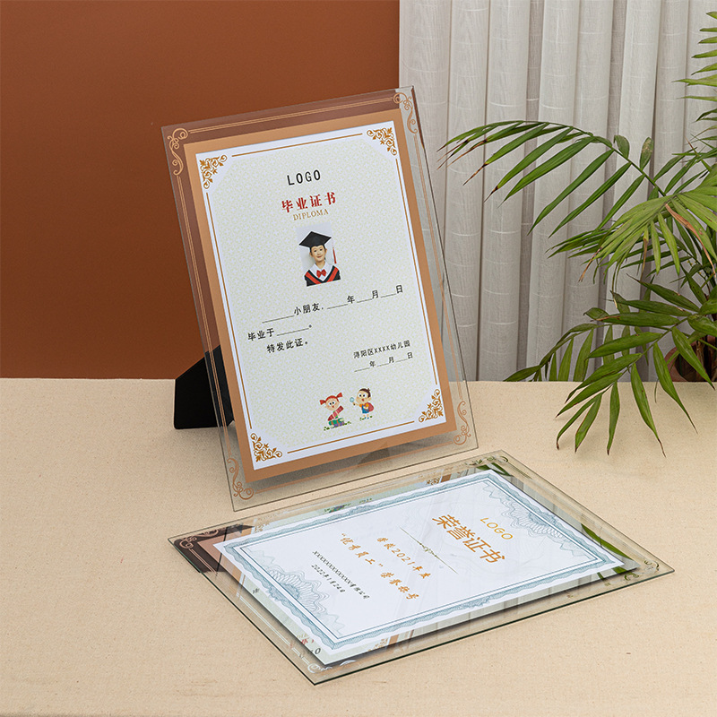 Hand-Printed Logo Gold Bilateral Border Transparent Glass Photo Frame Certificate Authorized Photo Studio Table Photo Frame