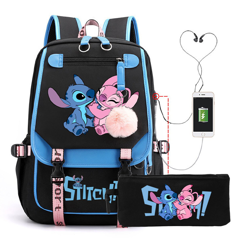国境を越えた売れ筋漫画スクールバッグリロとスティッチかわいいステッチバックパック USB カジュアル学生バックパック鉛筆バッグ|undefined