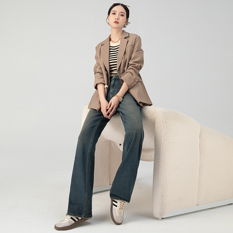 (2개) 시멘트 회색 높은 허리 넓은 다리 청바지 여성의 가을 2024 작은 남자를위한 새로운 슈퍼 잘 생긴 스트레이트 바지