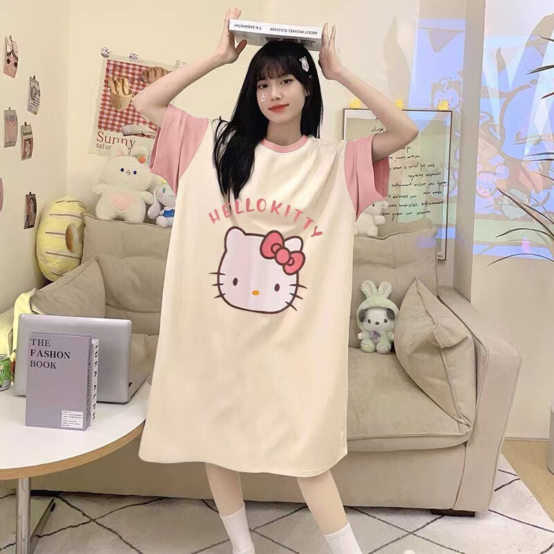 Nightgown for Women Summer Short-Sleeved Mid-Length Dress Casual Cartoon Large Size Pajamas Women's Home Wear 2026 New Style