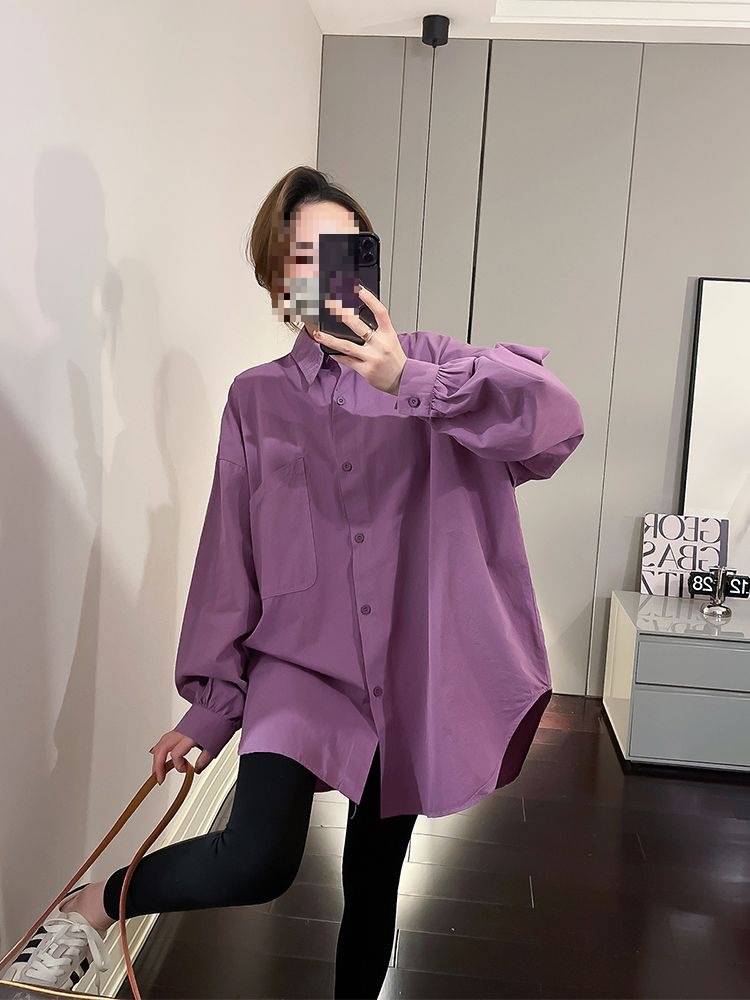 春秋新款多巴胺中长款纯色衬衫女外穿内搭宽松韩版小众设计感衬衣
