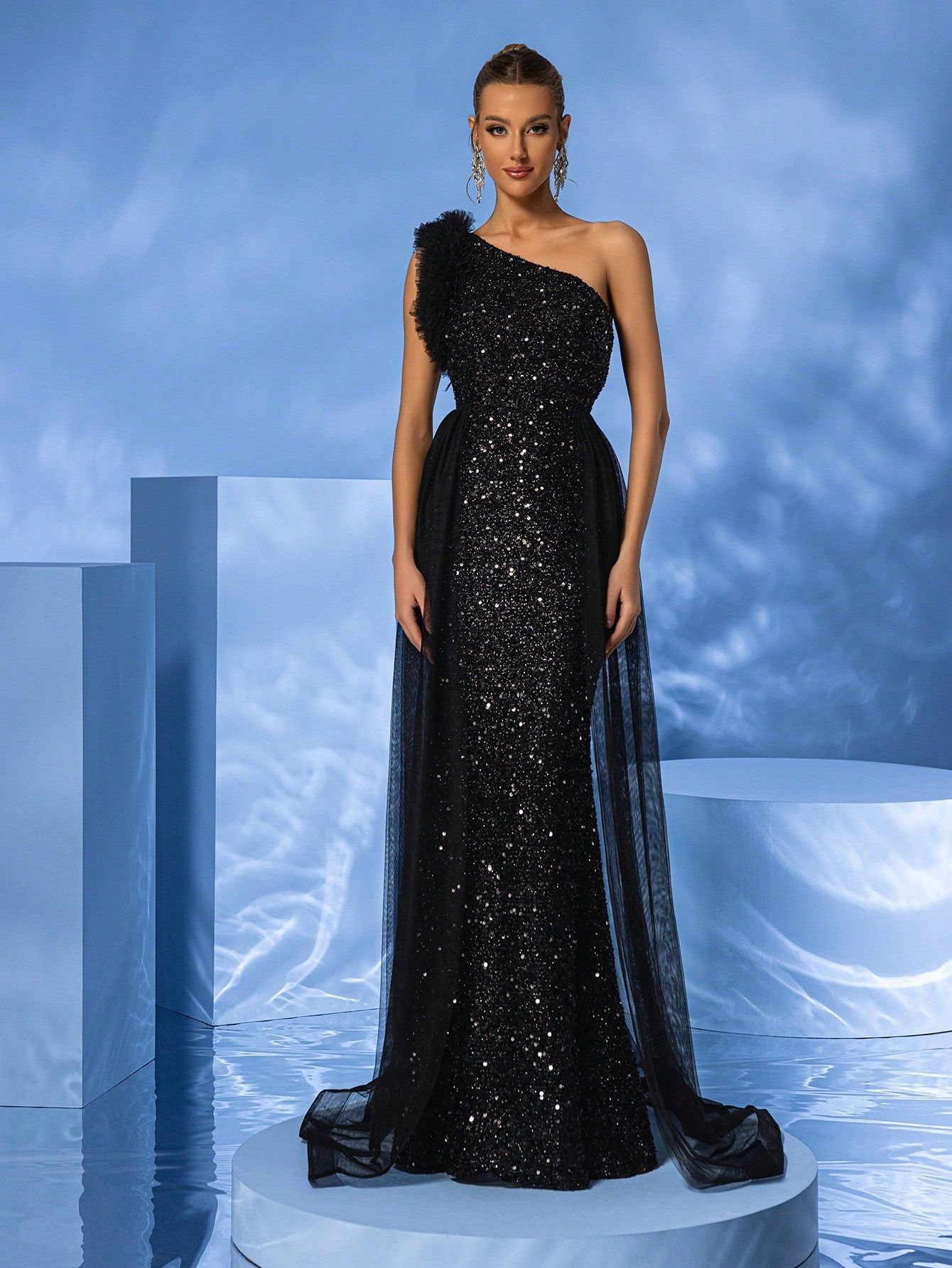 Women Sequin One Shoulder Dress Skirt Lace Net Decoration Elegant Graceful Fishtail Evening Gown