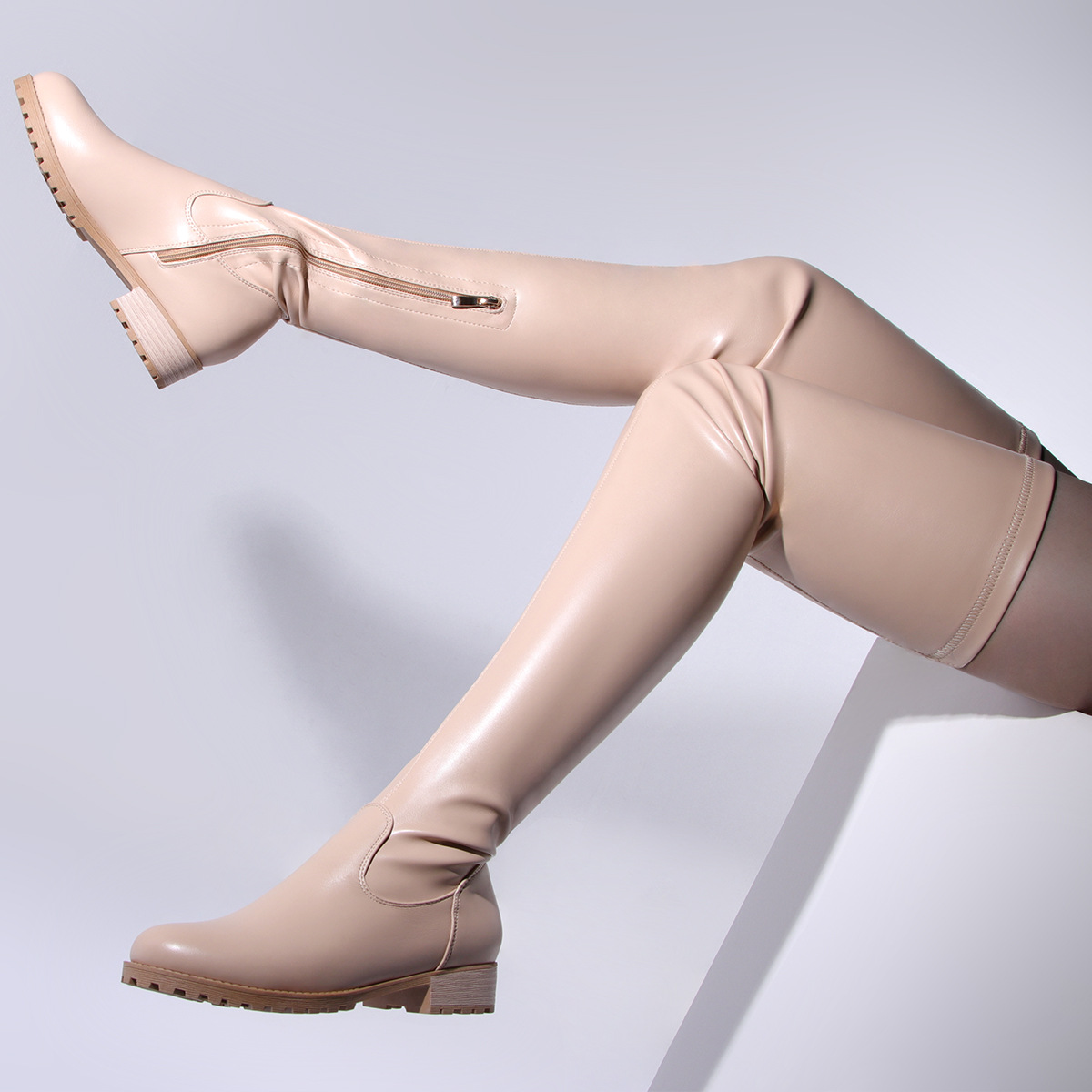 Women's Shoes mid heel retro round toe 40 43 zipper PU leather long boots women boots_voghion.com