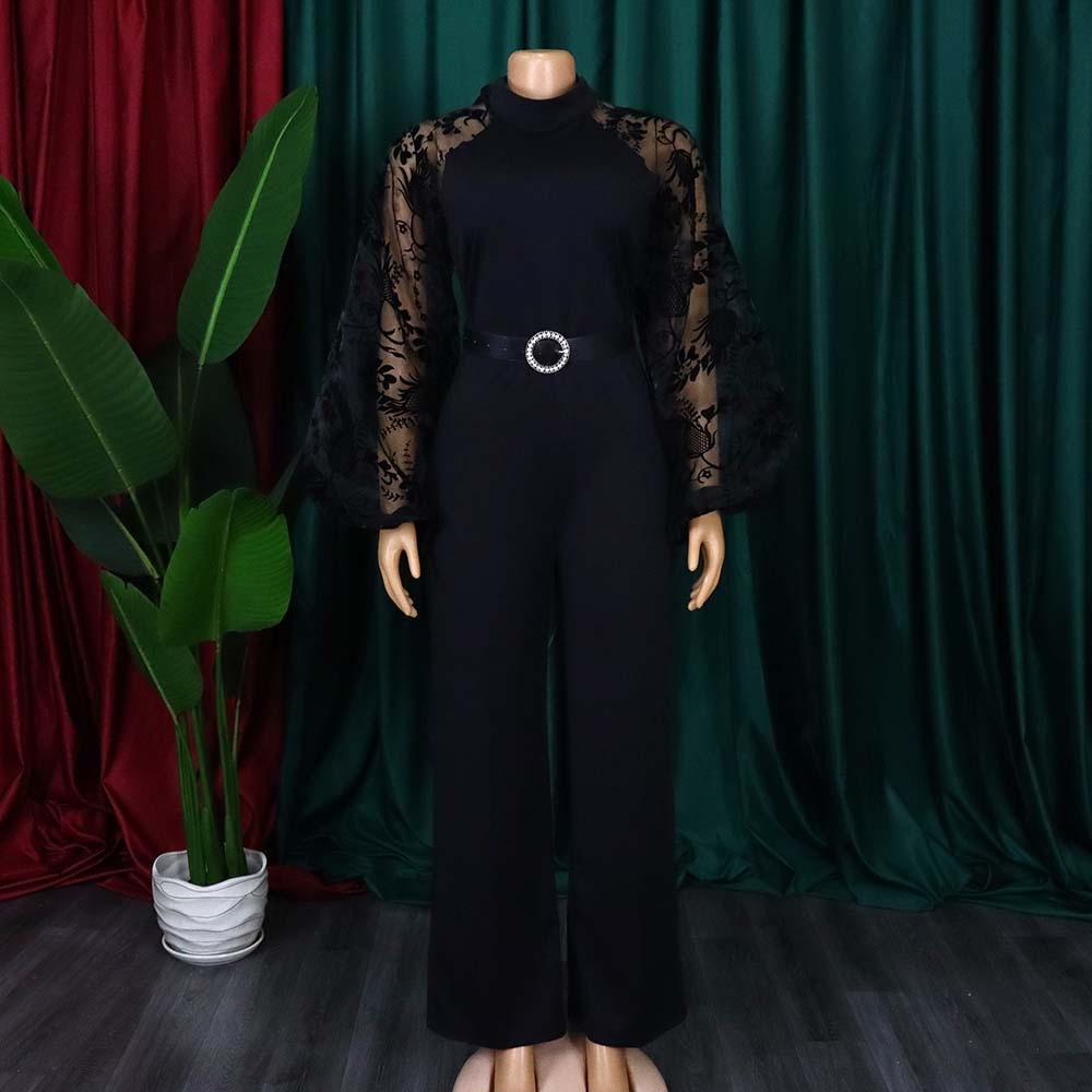 Ropa de mujer transfronteriza europea y americana más tamaño primavera nueva moda elegante malla ol puff manga pierna ancha Comercio exterior mono