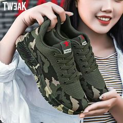 Spring and summer camouflage shoes for men and women, breathable fly-woven running shoes, outdoor hiking shoes, soft-soled student military training shoes