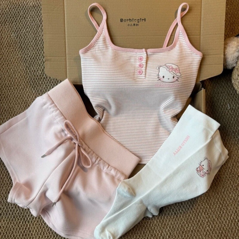 Padded Pink Striped Kt Cat Pajamas for Women, Summer Tank Top and Shorts, Pure Desire Hot Girl Loungewear Set for Outerwear Padded Pink Striped Kt Cat Pajamas for Women, Summer Tank Top and Shorts, Pure Desire Hot Girl Loungewear Set for Outerwear