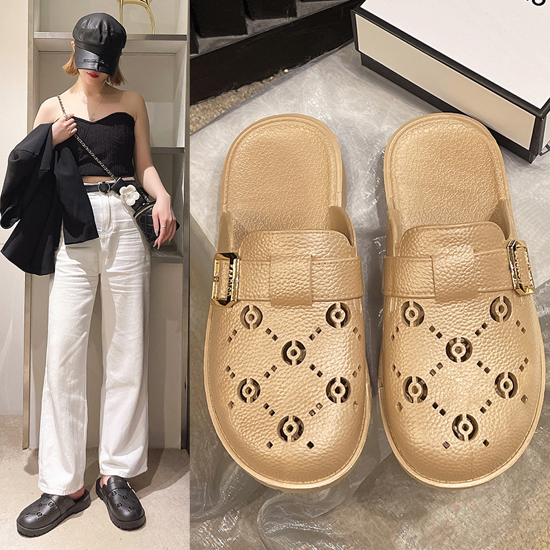 Women's Thick Soled Platform Summer Sandals Letter Perforated Couple Slippers Half Slippers_voghion.com
