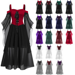 欧米の新型ハロウィンのドレスのストラップは色のシフォンのバンドのワンピースにぶつかります。