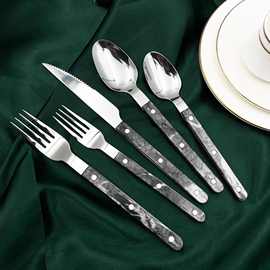 新款法式西餐餐具套装牛排刀叉勺夹柄铆钉三钉ABS手柄大理石系列