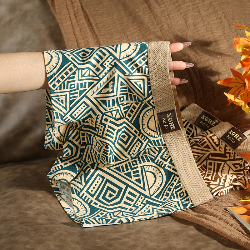 Underwear Men's Pure Cotton Boxer Briefs Men's Summer Comfortable and Breathable Youth Ethnic Style Printed Boys' Boxer Shorts