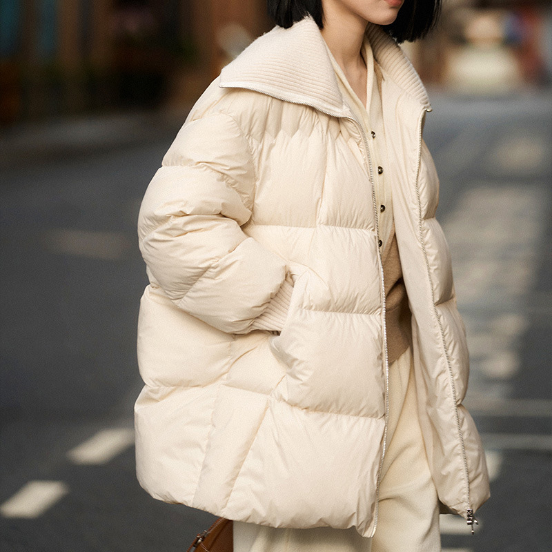 Puffy Goose down Jacket 95% White Goose down Wool Knit Large Lapel Mid-Length Coat Women's Winter down Jacket