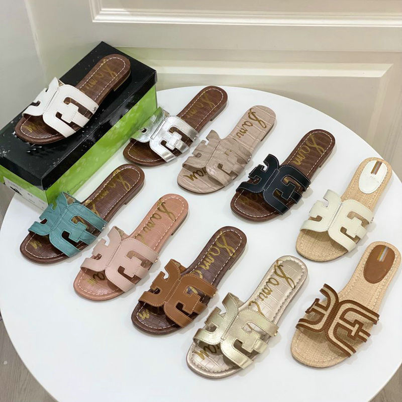 Pure original version ~~ Sa factory direct batch genuine leather color matching hollow out one-word with flat bottom slippers sewing beach slippers for women