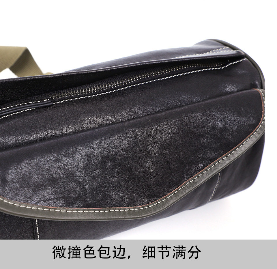 Túi đeo chéo nam da bò thật thuộc da thực vật, túi nhỏ đeo vai cá tính 29×11×17 cm — Dây đeo vai màu đen, Dây đeo vai đơn màu xanh lá cây, Dây đeo vai màu đen và xanh lá cây chi tiết 5