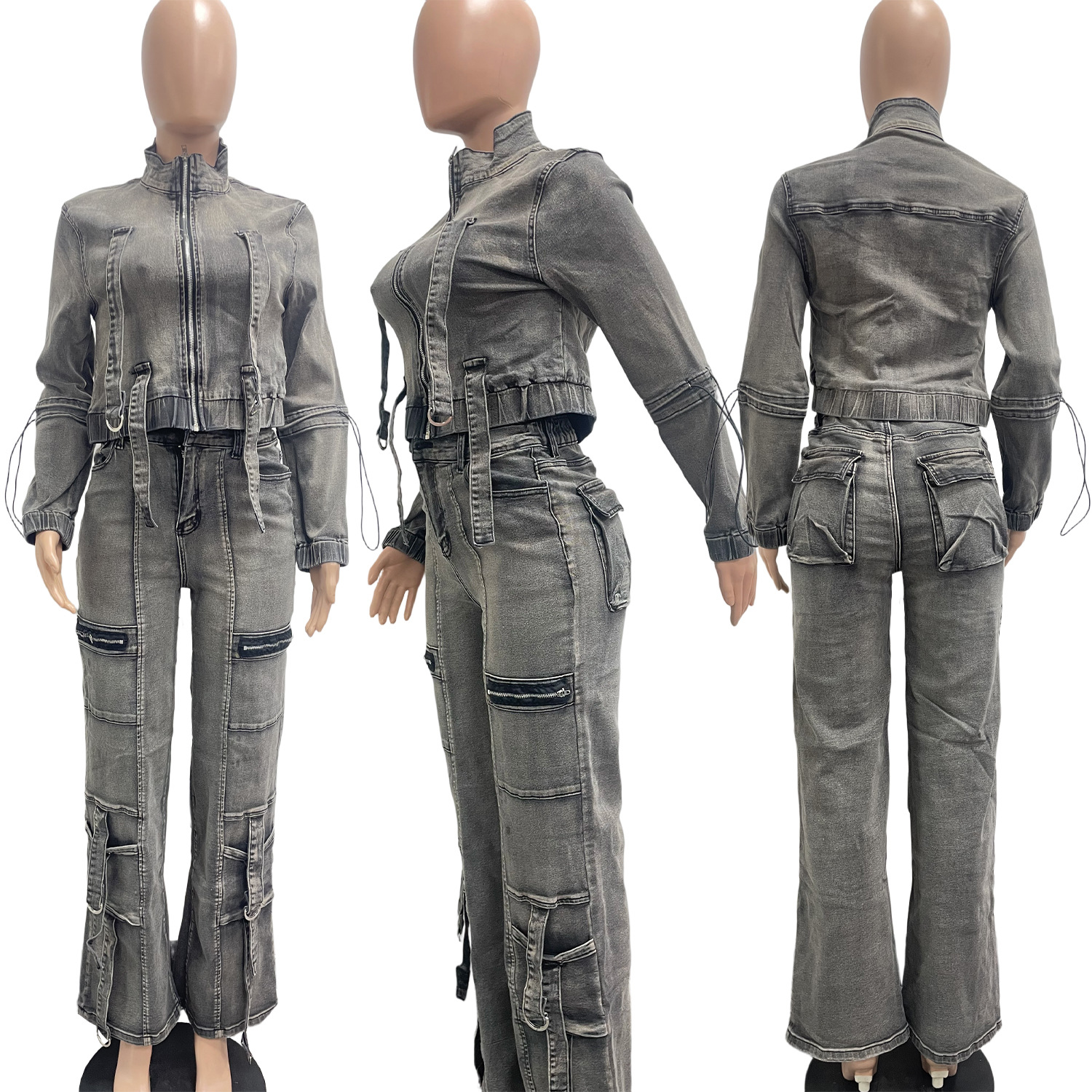 Dam denim set med stretch och högmidjade utility-byxor_voghion.com
