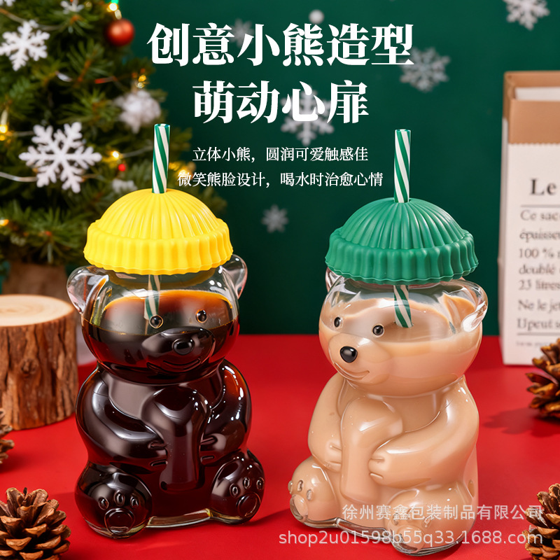 Explosiones transfronterizas 2025 nueva copa de paja de vidrio Bear Glass Cup Limited Edition