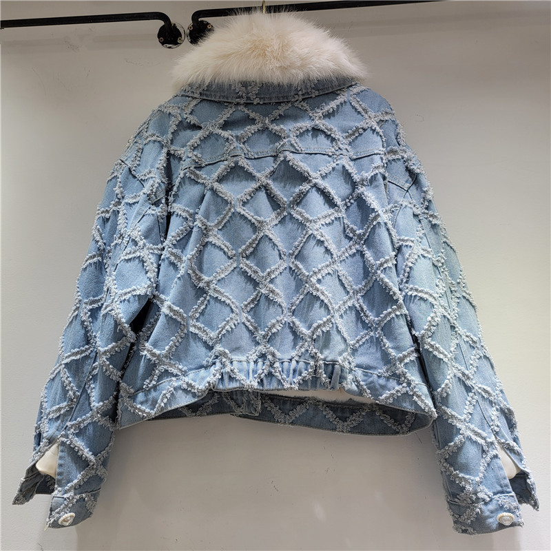 Jacquard diamante denim cristal flor clavos perlas industria pesada acolchado denim abrigo de nicho de diseño de algodón image 2