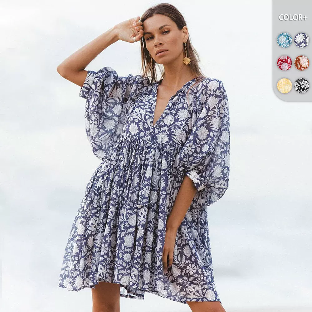 2025欧美时尚女装碎花绑绳宽松休闲人棉连衣裙女海边度假短裙代发