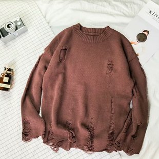 2022 New Men's Sweater Autumn Korean Style Trendy Winter Wear Loose Sweater Round Neck Personalized Hole Sweater