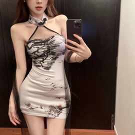 气质复古风水墨印花抹胸包臀裙女改良旗袍修身网纱拼接挂脖连衣裙