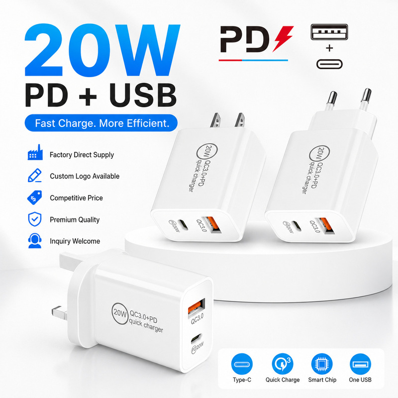 PD20W charger 5V3A European and American British type-c QC3.0 dual-port fast charging adapter manufacturers charging head