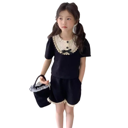 韩国童装2024夏款女童蝴蝶结短袖上衣+短裤套装女宝气质款两件套