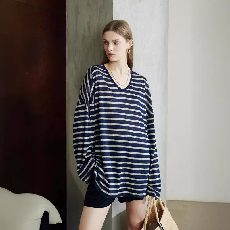 Trendy B-Style Japanese Imported Linen Yarn-Dyed Striped Drop-Shoulder Loose Long-Sleeve Sun-Protection Knit Top for Women