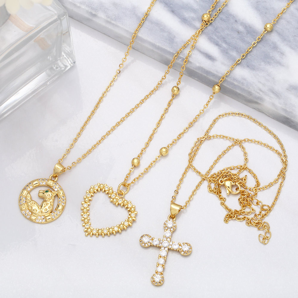 retro cross heart shape leopard pendant copper necklace simple choker