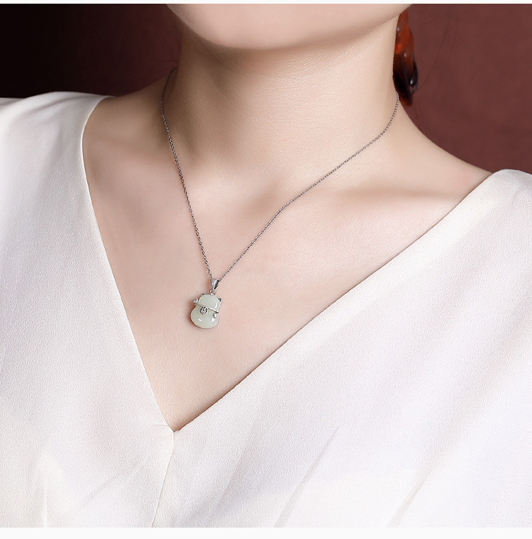 Mặt dây chuyền bạc S925 mạ vàng ngọc bích Hòa Điền hình chữ Phúc mèo may mắn phong cách Trung Hoa — Kiểu mạ vàng (Mặt dây chuyền đơn không có dây chuyền) chi tiết 7