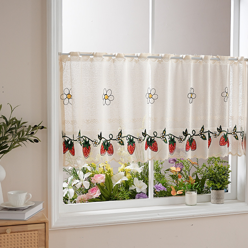 Nuevas cortinas de café transfronterizas, pequeñas, frescas, a prueba de polvo, bordadas, cortinas transparentes, impermeables, sin perforaciones, estadounidenses