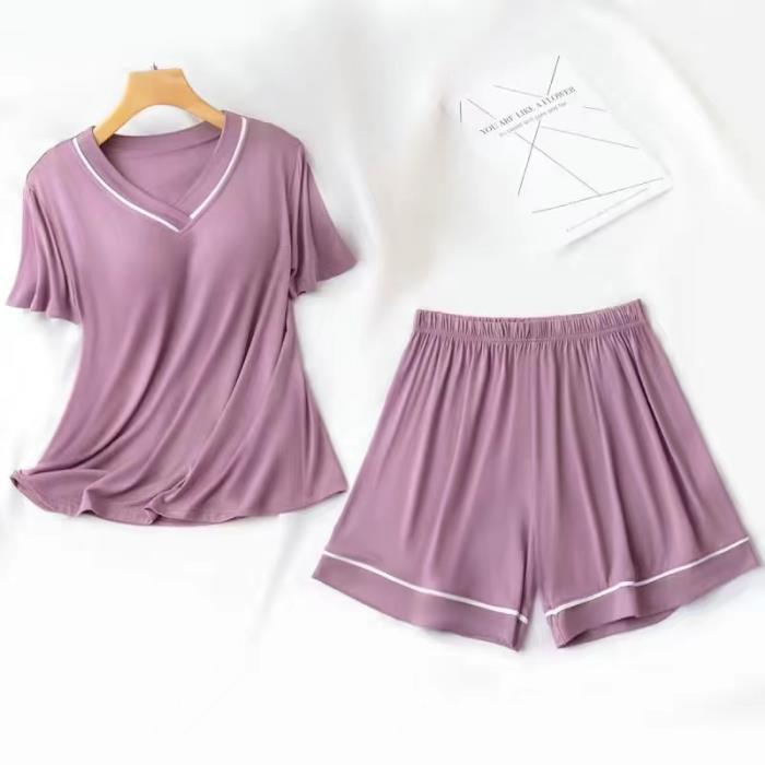 Pijamas de verano Pantalones cortos de manga corta para mujer con almohadilla en el pecho color sólido Delgado dulce suelto desgaste exterior simple traje de desgaste para el hogar
