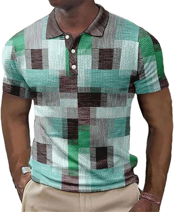 Botón de los hombres camisa polo a cuadros patrón solapa moda 3D Impresión digital moda urbana suelta casual