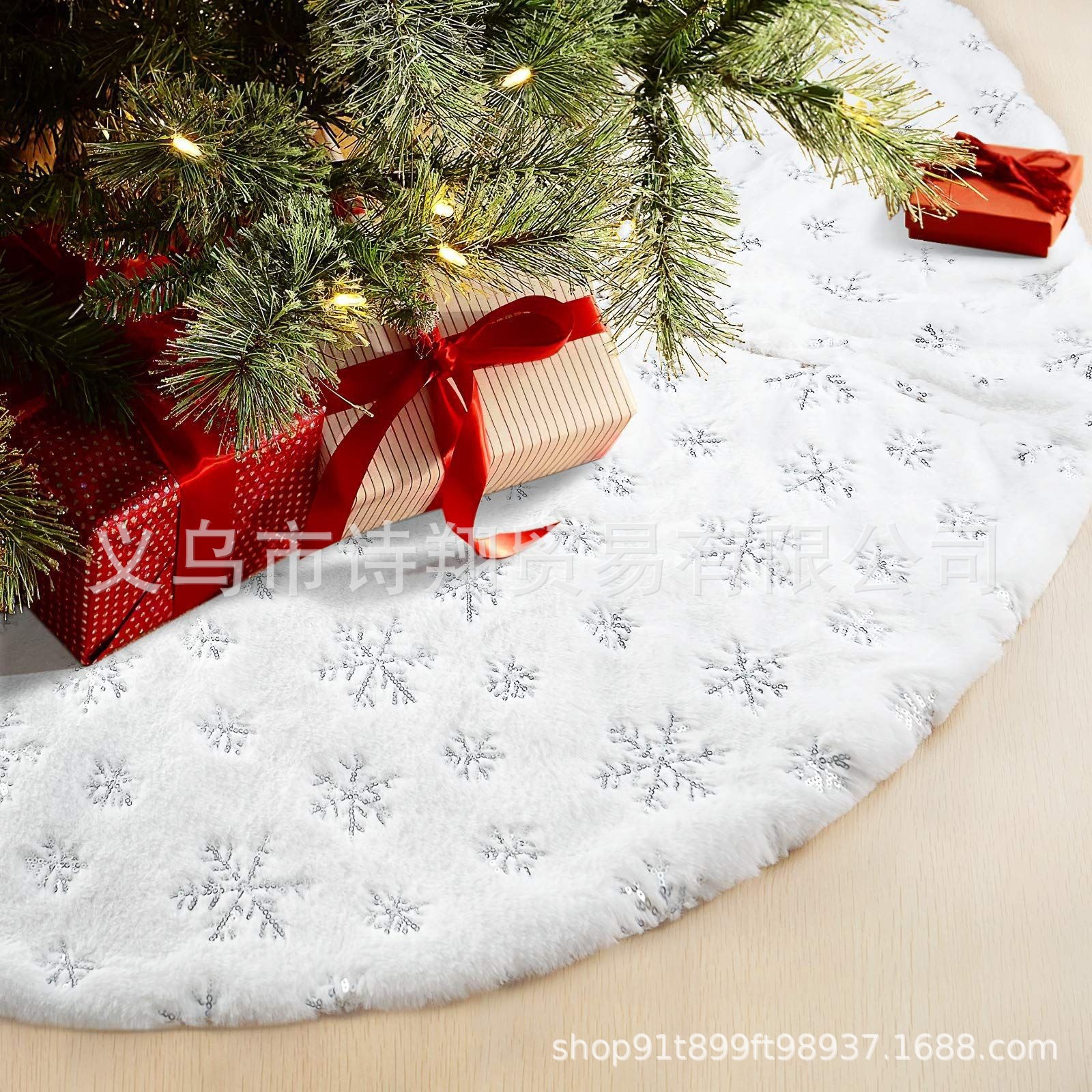 Falda para árbol de Navidad transfronteriza, falda para árbol de lentejuelas con copos de nieve nacarados, falda para árbol bordada de felpa blanca, decoración para árbol de Navidad