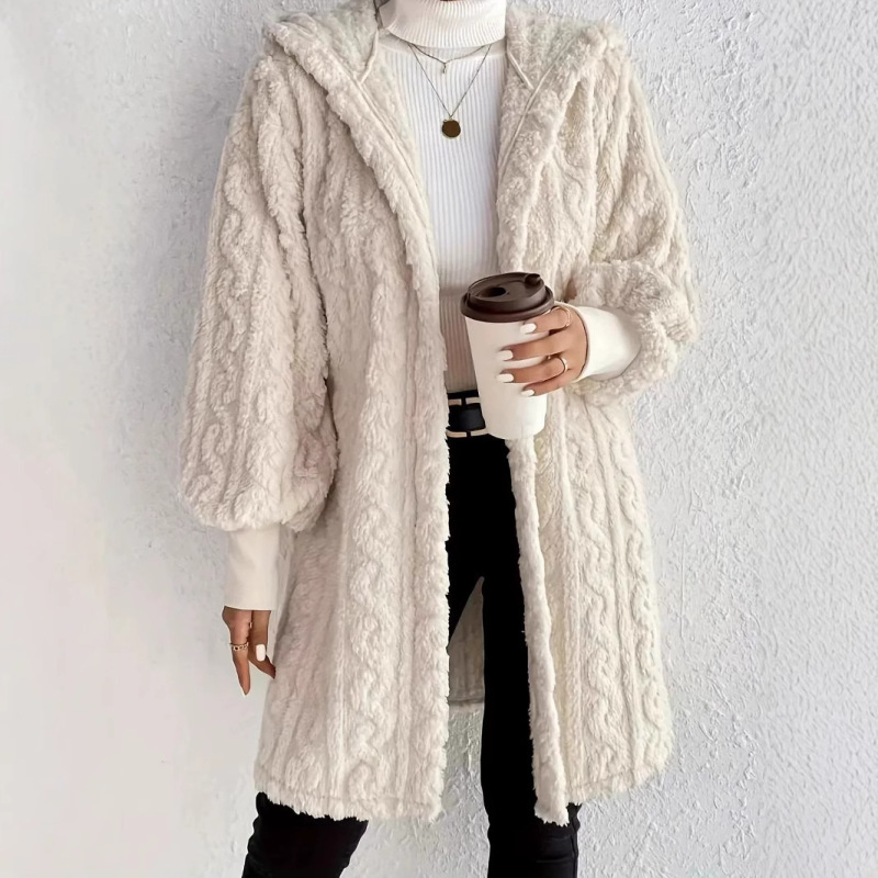 速売通Wish ebay 2025秋冬欧米の女性服の純色の長袖の帽子のゆったりした毛の羽毛の上着の女性|undefined