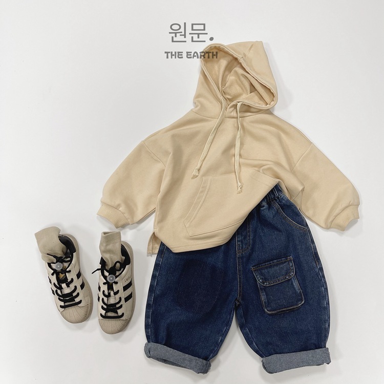 Korean clothing children's versatile autumn new item for boys and girls solid color plug-in pocket casual hooded long_voghion.com