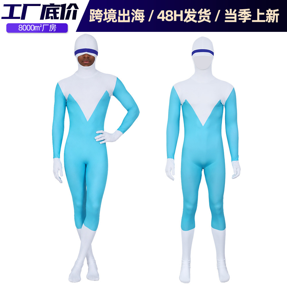 The Incredibles Frozone Cosplay Costume, Blue and White Patchwork Jumpsuit, Halloween Cross-Border Performance Outfit