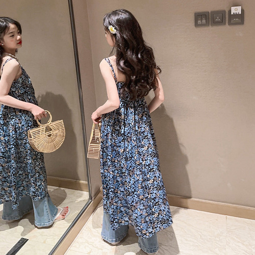 Girls Summer Stacked Floral Suspender Dress 2024 New Children's Fashionable Cute Princess Dress Girl Skirt
