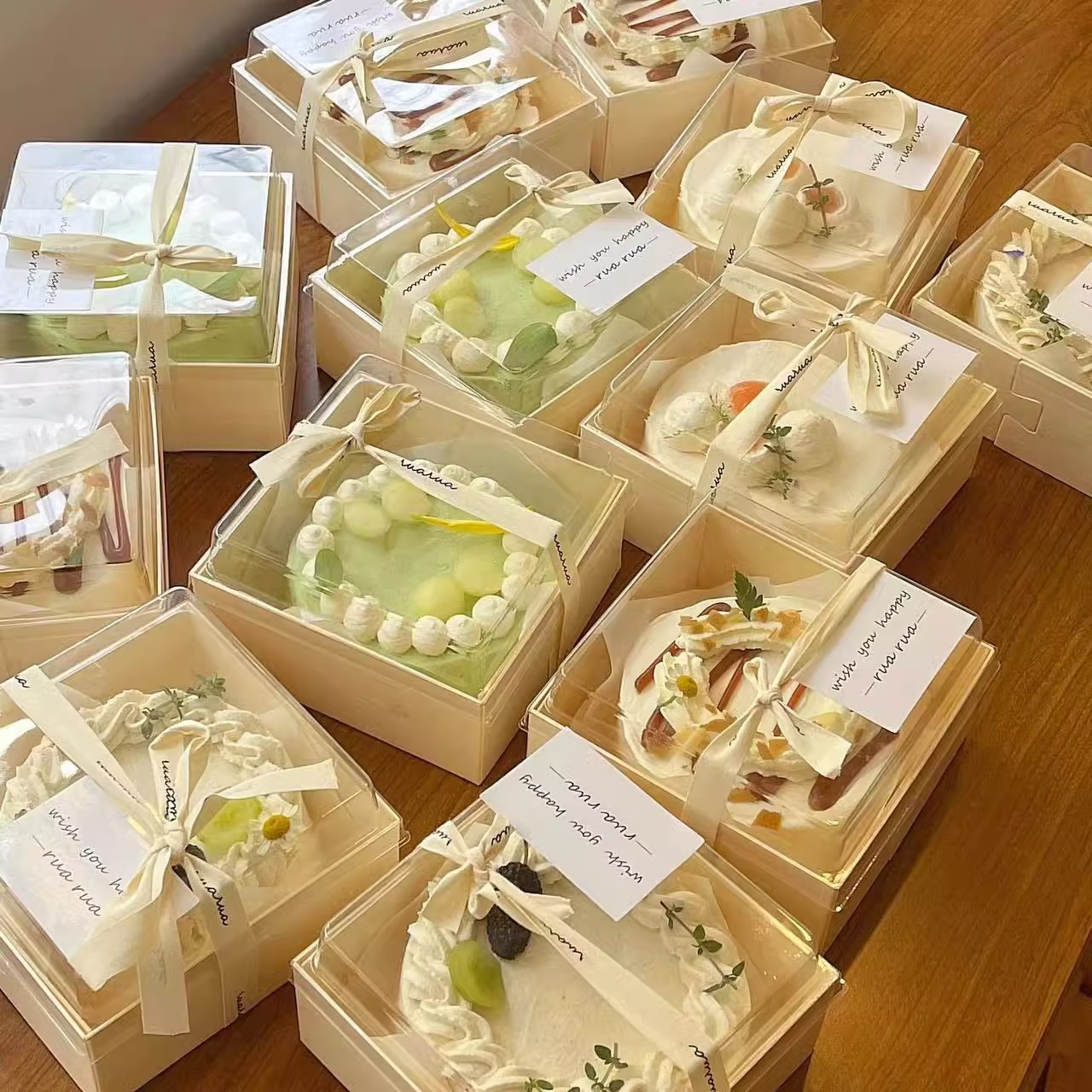 Square wooden sandwich cake box 4-inch cake box for sliced cake, cream cake roll, milk foam desserts, pastries, transparent