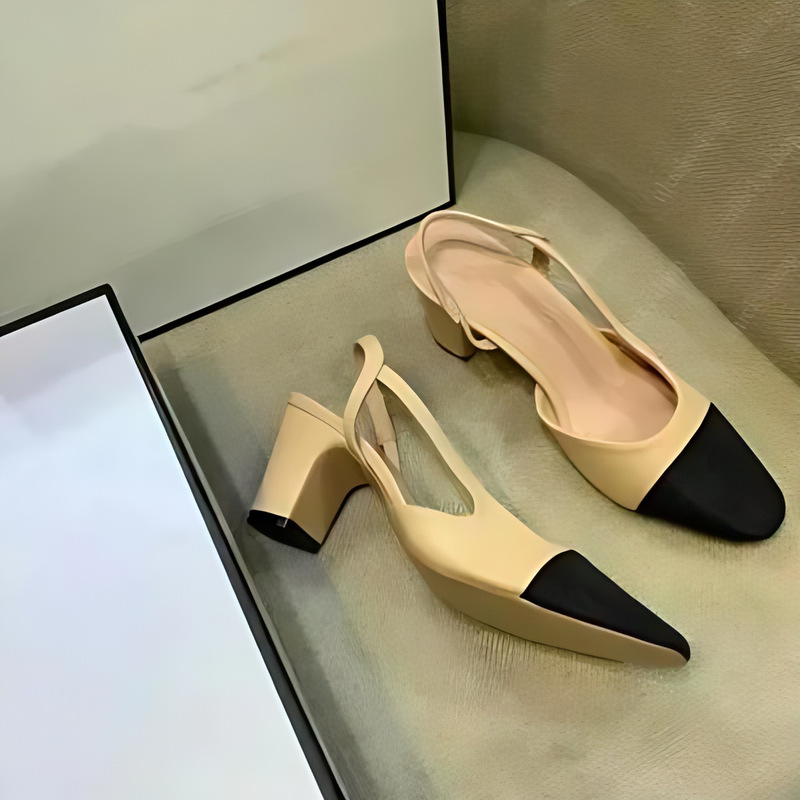 in stock Genuine Leather Chanel Style Single-layer Shoes Women's Spring All-match Color Matching High Heel Toe Sandals Chunky Heel Nude Chanel Women's Shoes