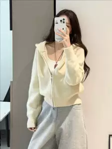 เสื้อสเวตเตอร์มีฮู้ดซิปคู่ ลายคลื่น สไตล์เกาหลี สำหรับผู้หญิง เสื้อคาร์ดิแกนถักทรงหลวม ใส่แล้วดูผอมเพรียว สำหรับฤดูใบไม้ร่วงและฤดูหนาว