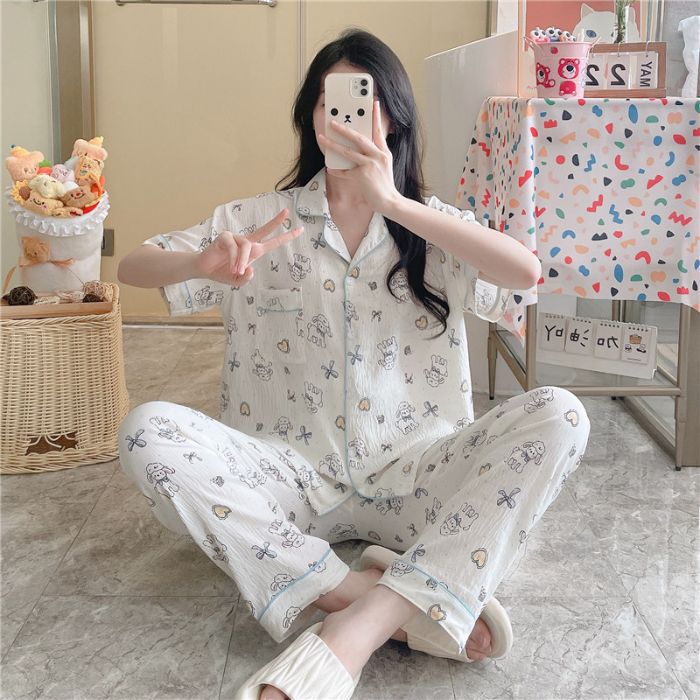 Pijamas transfronterizos al por mayor para mujer nube algodón otoño verano rebeca solapa pantalones de manga corta traje de servicio a domicilio simple y cómodo