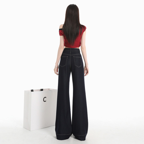 Original Color Belt Loose Jeans Four-Directional Stretch Drape Wrinkle-Resistant Wide-Leg No-Fade Floor-Length Cotton Jeans