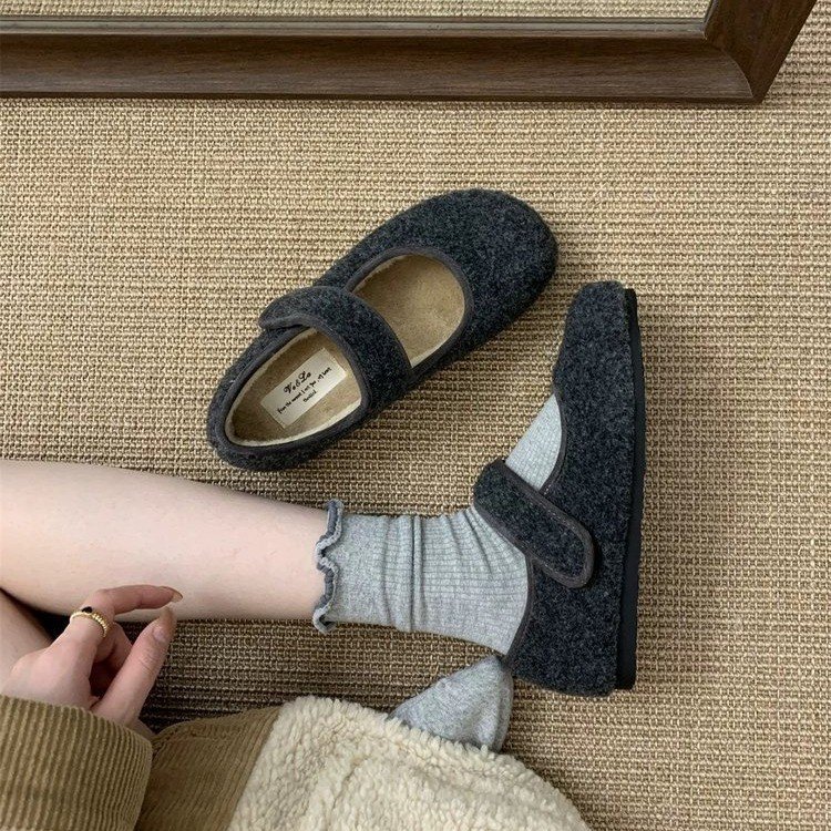 厚底加绒魔术贴毛毛鞋女鞋子2024秋冬季配裙子玛丽珍单鞋保暖棉鞋