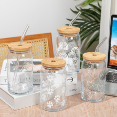 新型厚手のプリントグラス竹木蓋大容量コーラ缶ストローカップキッチン冷たい飲み物カップ卸売り